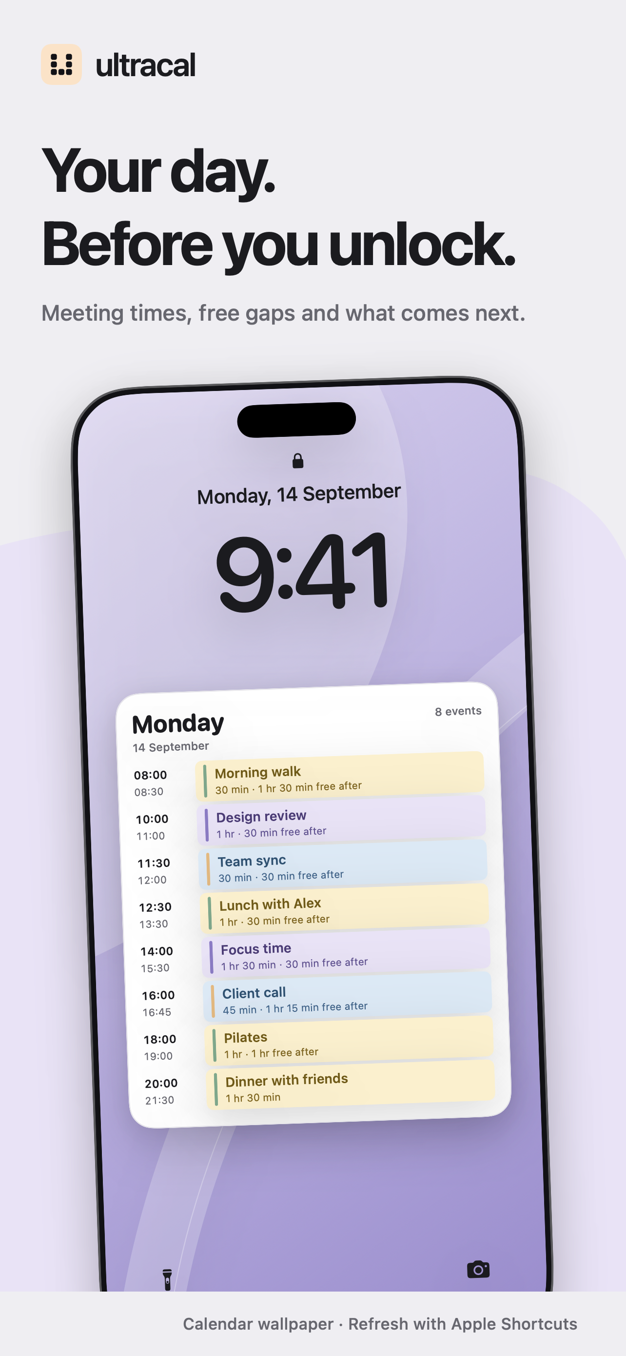 Day schedule wallpaper showing meeting times and gaps