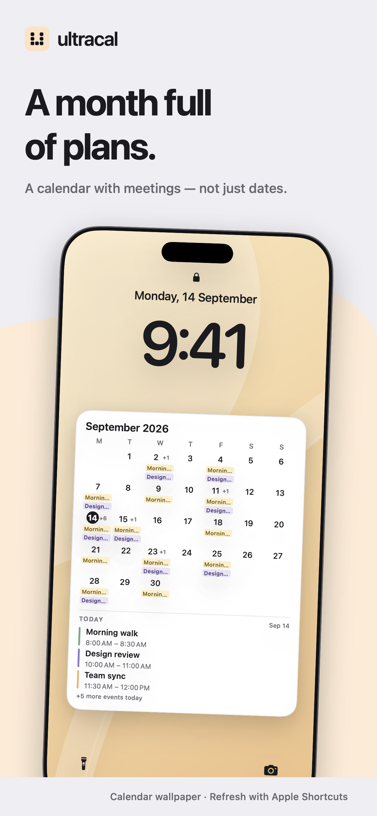 Month calendar wallpaper with meeting labels and today's agenda
