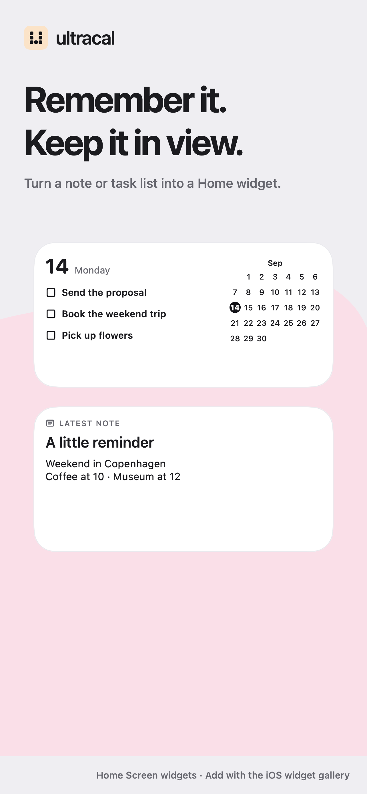 Task checklist and a saved note in two Home Screen widgets
